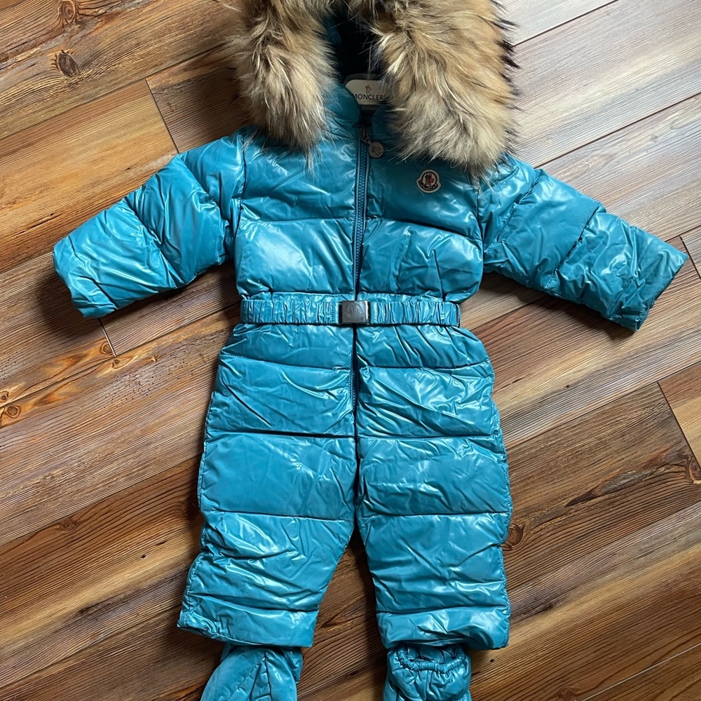Moncler Kids Teal Snowsuit with Fur Trim